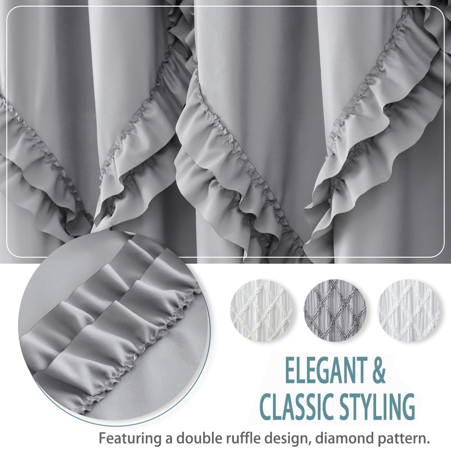 HIG Luxurious Farmhouse Unique Ruffle Cloth Fabric Shower Curtain 72x72 Extra Long Bathroom Curtain