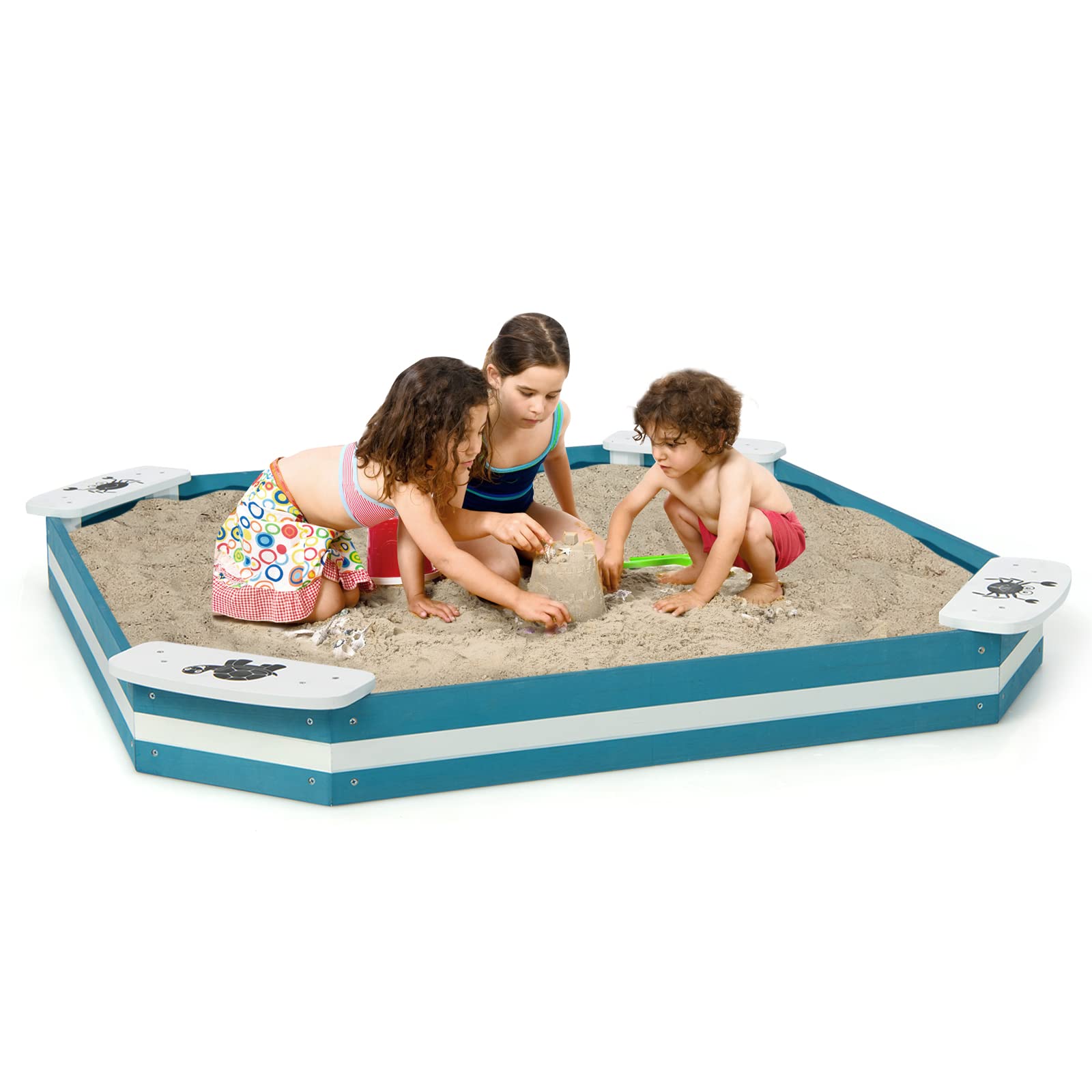 Costzon Kids Sandbox, 49.5 x 49.5in Large Cedar Wood Sand Box with 4 Built-in Corner Seating, Toddler Outdoor Play