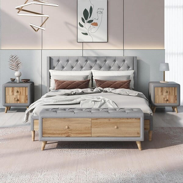 4-Pieces Bedroom Sets Queen Size Upholstered Platform Bed with Two Nightstands and Storage Bench - - 37551476