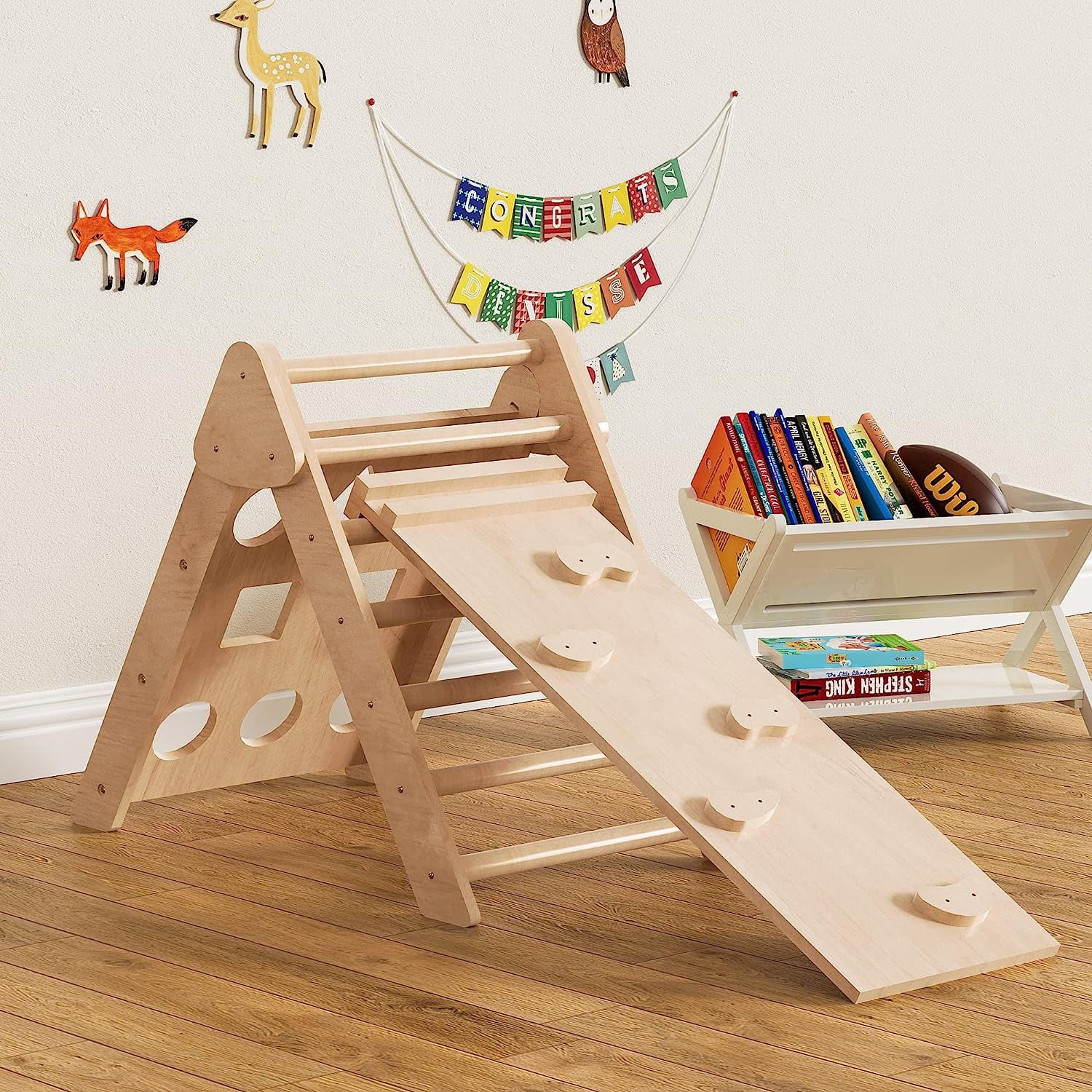 Cozy Castle Oak Wooden Climbing Toys for Toddlers， Foldable Pikler Triangle Climber with Ramp for Sliding or Climbing， 2 in 1