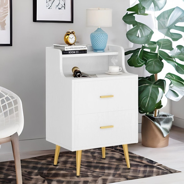 White Nightstand Modern Bedside Table with 2 Drawers