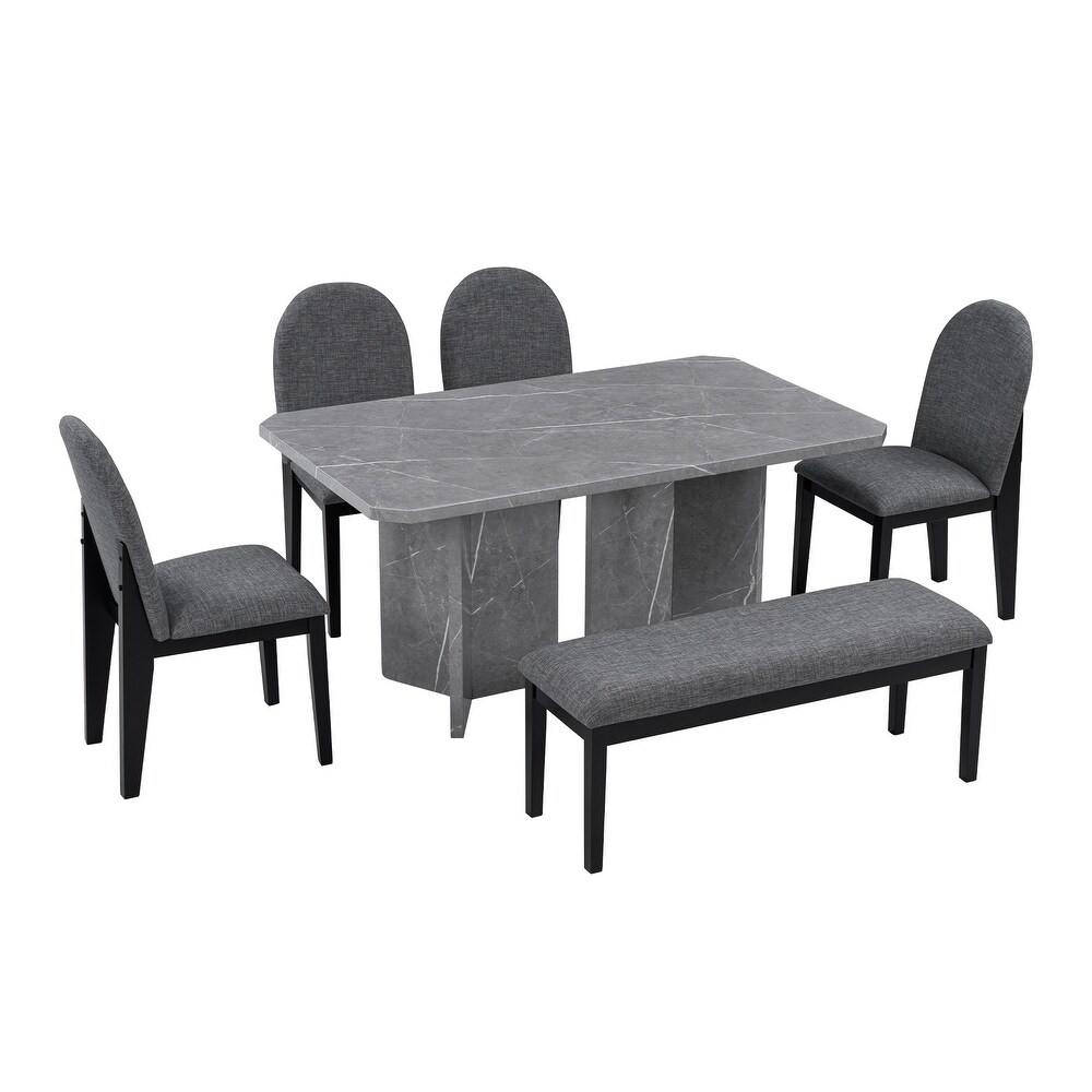 Rectangular Marble Texture Table and 4 Upholstered Dining Chairs1 Bench for Dining Room  6 Piece Modern Dining Table Set