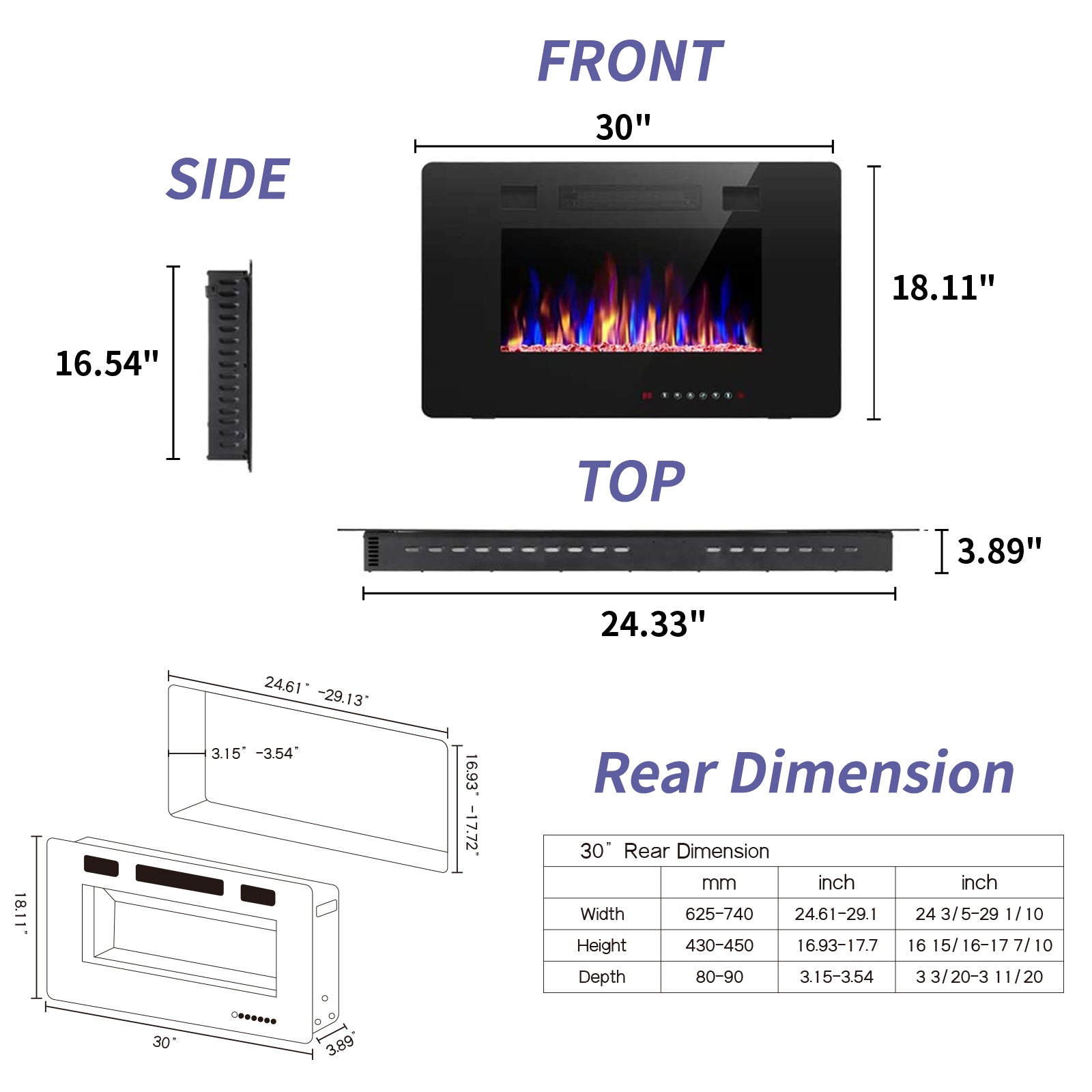 YUKOOL 30" Electric Fireplace Built-in and Wall Mount, Touch Screen, Remote