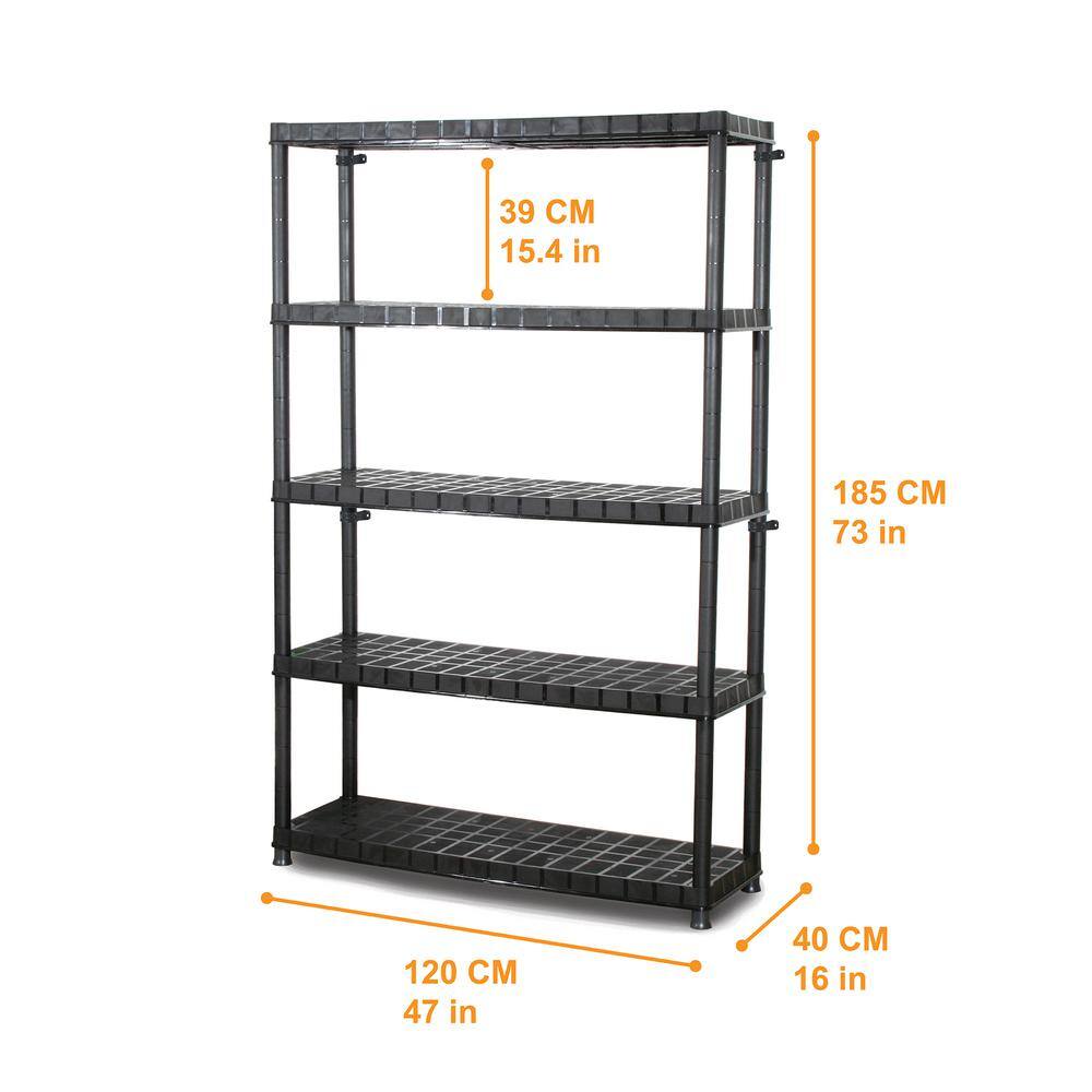 Ram Quality Products Ltd. Black Extra 5-Tier Plastic Storage Shelf Unit 14 in. x 2 in. x 45 in. for Garage 16105B-CD