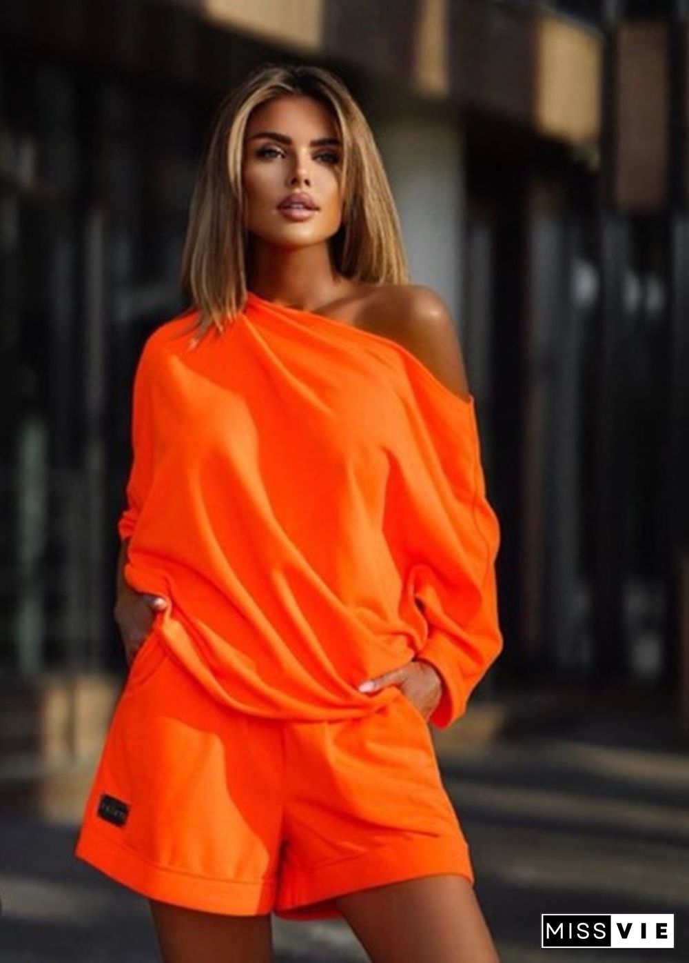 Solid Off Shoulder Loose T Shirt Casual Shorts Sets