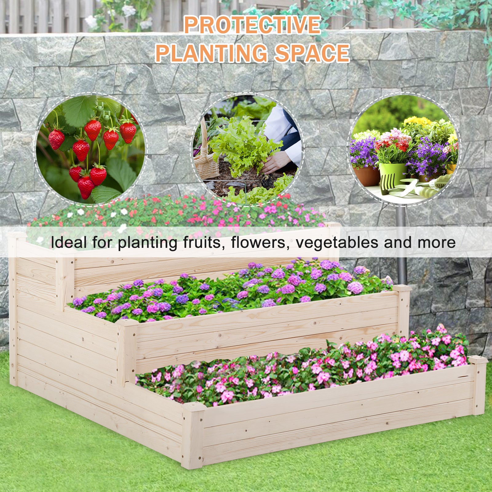 3 Tier Wood Raised Garden Bed, Outdoor Tiered Elevated Planting Planter Box, 47.8 x 47.8 x 21.5 inch Flower Growing Bed Kit in Backyard Lawn Patio, Easy Assembly, Natural