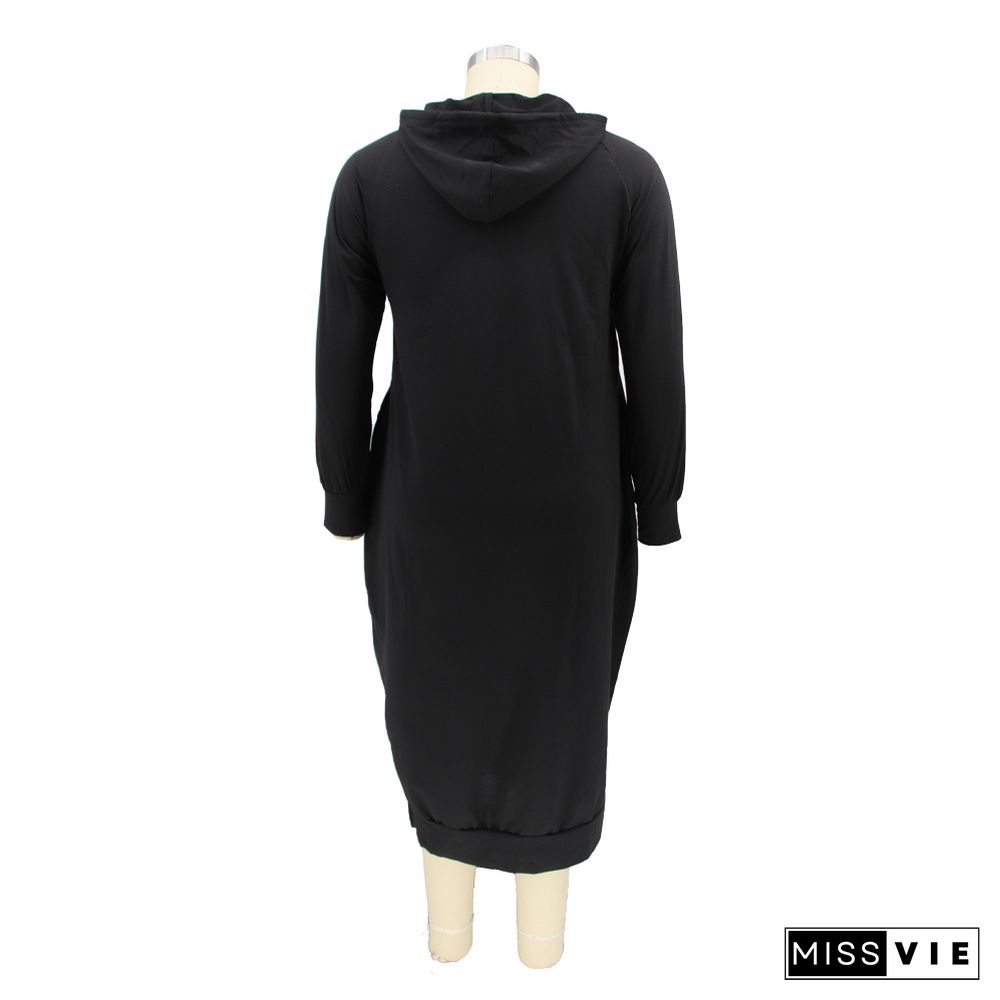 Letter Print Long Sleeve Hooded Loose Plus Size Dress