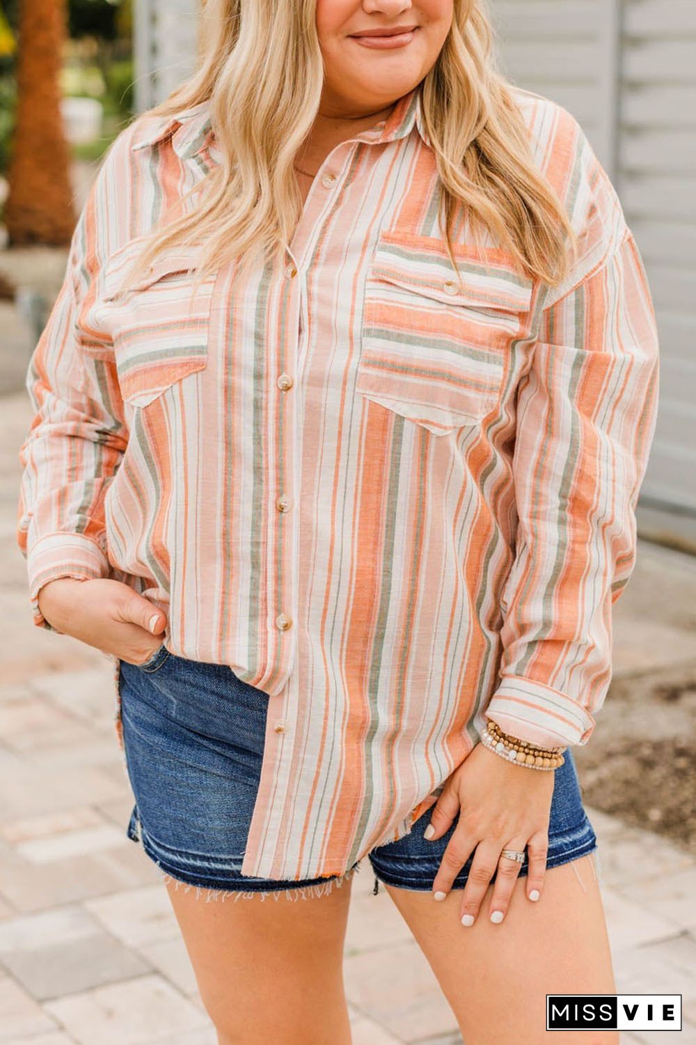 Orange Plus Size Striped Shirt with Chest Pockets