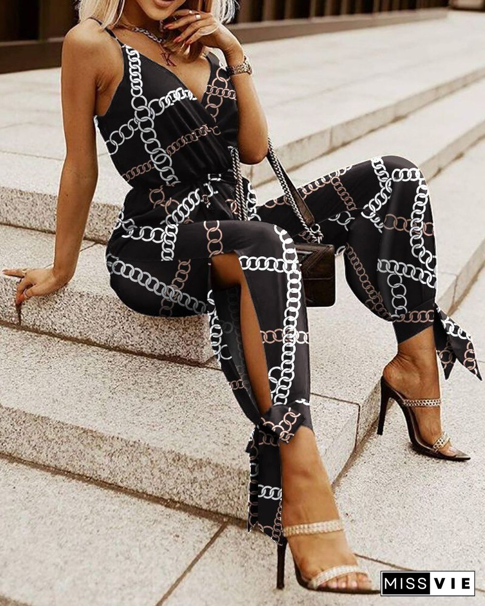 Scarf Print V-Neck Split Knot Hem Cami Jumpsuit