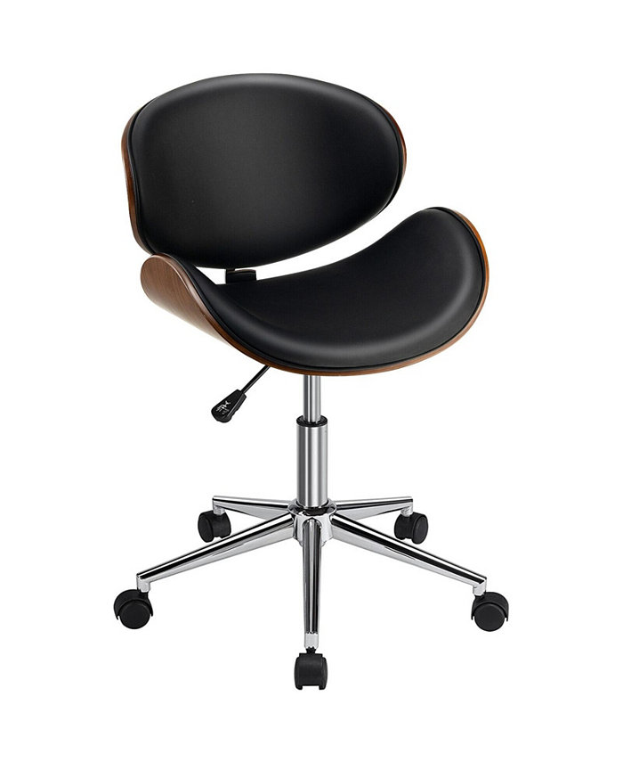 Slickblue Adjustable Leather Office Chair Swivel Bentwood Desk Chair with Curved Seat-Black