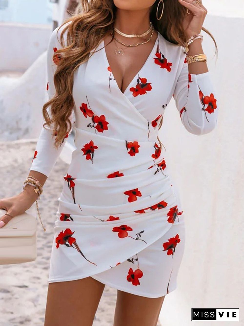 Fashion V Neck Pleated Slim Party Dress Women Elegant Floral Print Long Sleeve Dress New Sexy Wrap Folds Chic Office Mini Dress