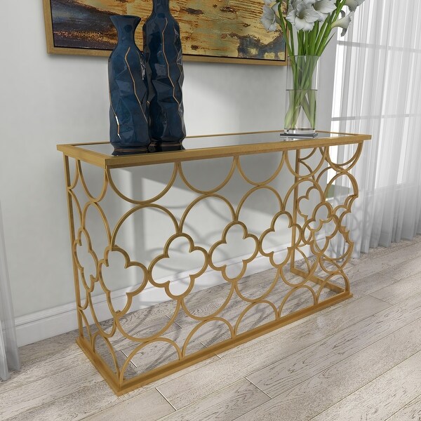 Gold Metal Quatrefoil Design Geometric with Glass Top Accent and Coffee Table Collection