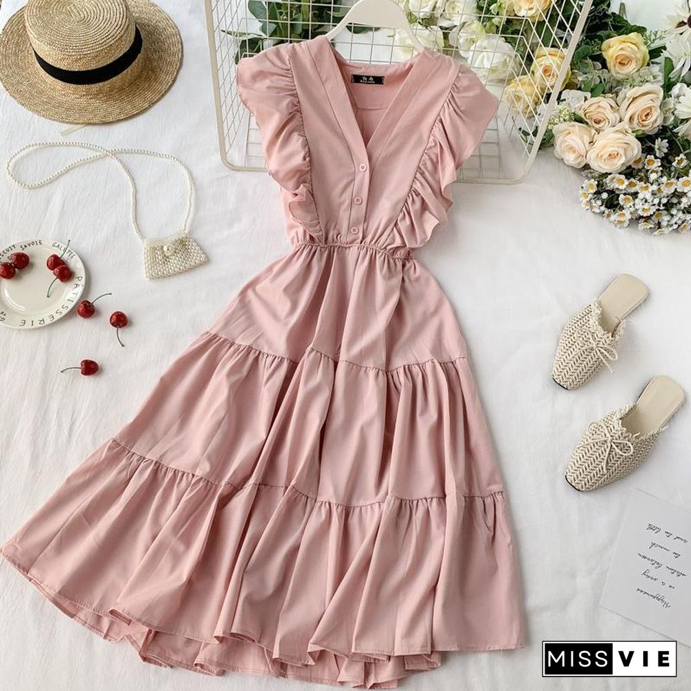 Fashion Flounced Edge V-Neck Summer Dress Women Casual Korean Solid Sleeveless High Waist Elegant Elastic A-Line Vintage Dress