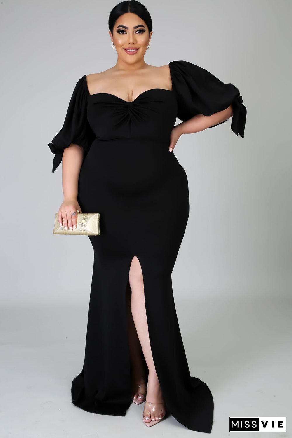 Black Bow Tie Puff Sleeve Plus Size High Slit Maxi Dress