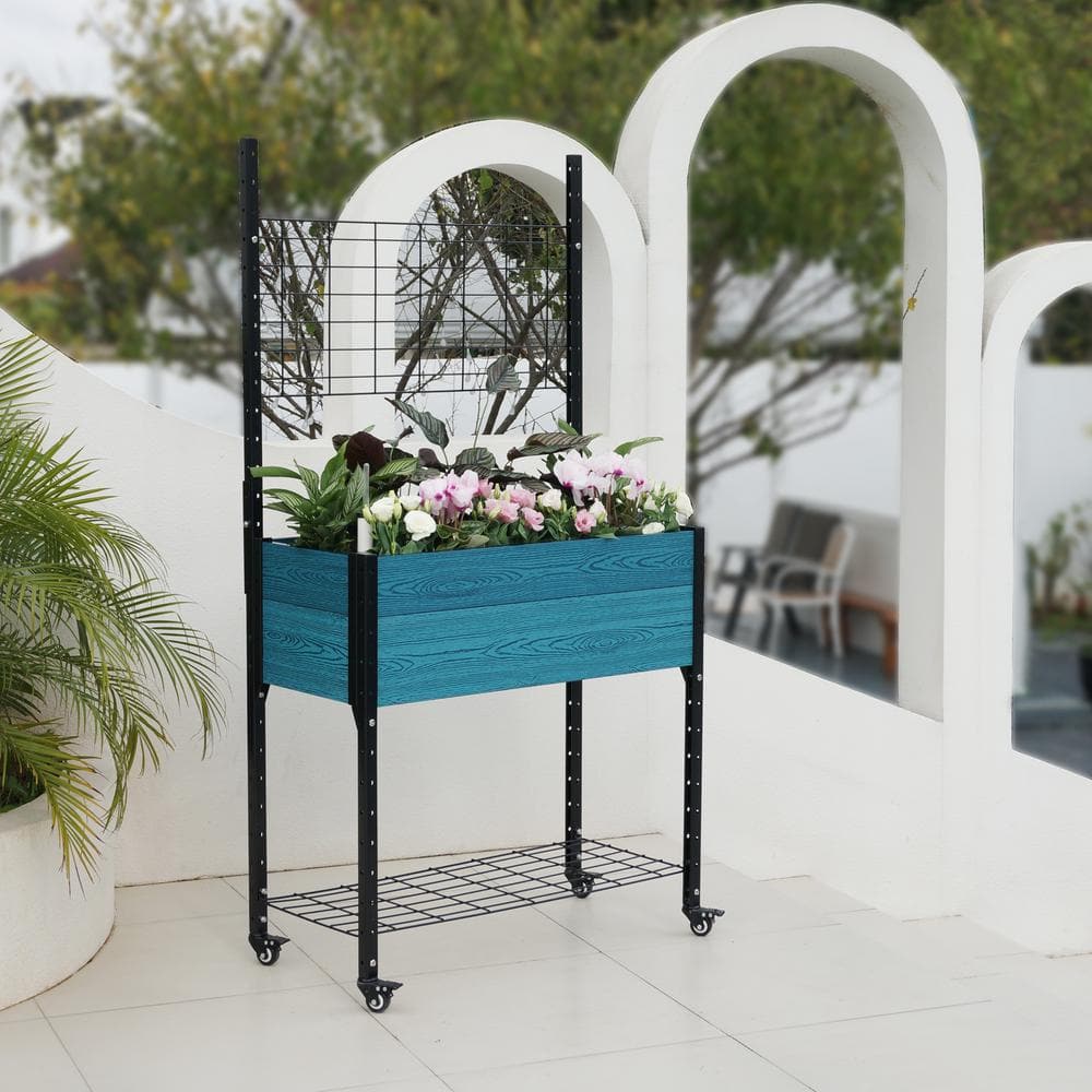 EverBloom Self-Watering 18 in. D x 69 in. H x 36 in. W Blue Composite and Steel Mobile Elevated Planter with Trellis K2301