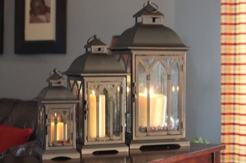 3PC Indoor/Outdoor Bronze Powder-Coated Steel and Tempered Glass Lanterns