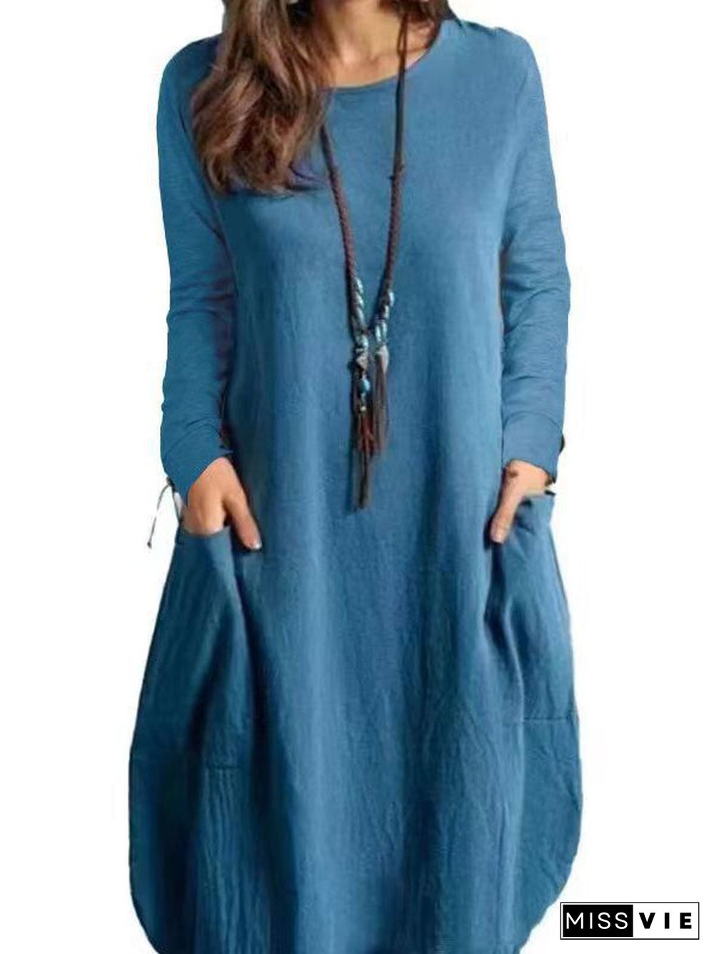 Women Long Sleeve Scoop Neck Solid Pockets Midi Dress