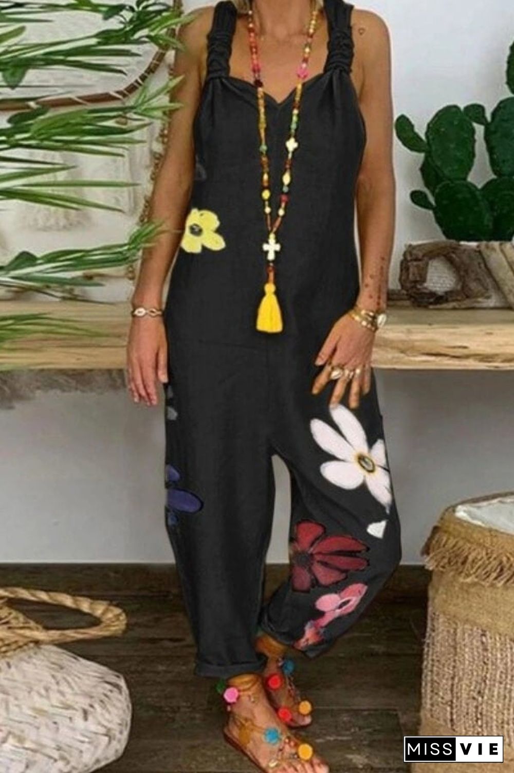 Fashion Sleeveless Flower Print Jumpsuit