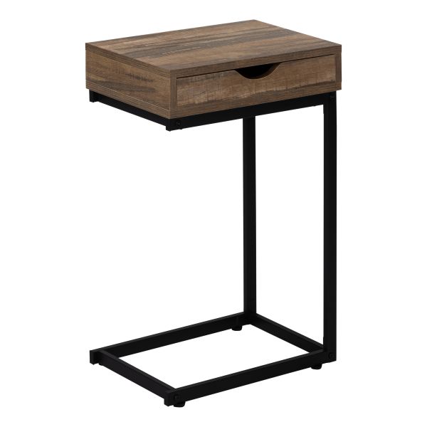 Accent Table， C-shaped， End， Side， Snack， Storage Drawer， Living Room， Bedroom， Brown Laminate， Black Metal， Contemporary， Modern