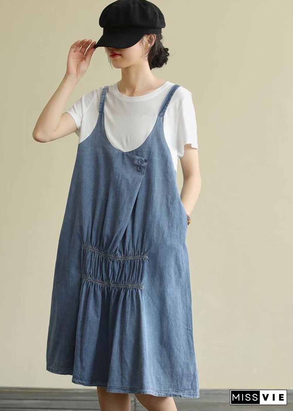 Women o neck false two pieces Cotton summer quilting dresses design blue Dress