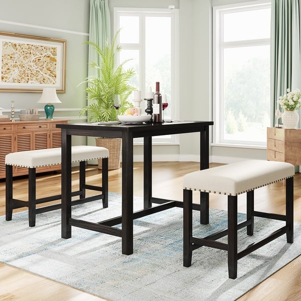 3-Piece Rustic Wooden Counter Height Dining Set with Upholstered Benches