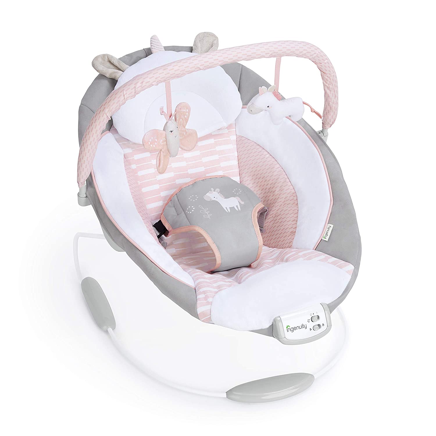 Ingenuity Soothing Baby Bouncer with Vibrating Infant Seat， Music， Removable -Toy Bar and 2 Plush Toys - Flora the Unicorn (Pink)， 0-6 Months