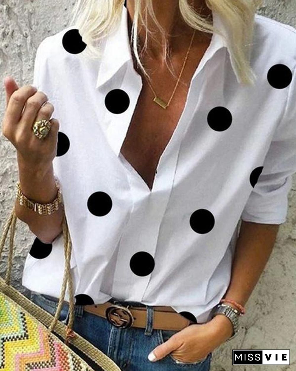 Polka Dot A Lapel Long Sleeve Blouse