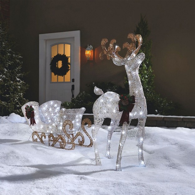 Noma Pre Lit Pure White Led Light Up 2 Piece Reindeer And Sleigh Indoor And Outdoor Holiday Lawn Decoration Set