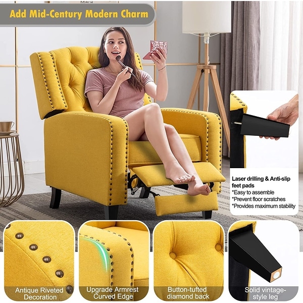 Vicluke Mid Century Modern Tufted Push Back Recliner with Modern Legs， Yellow - 74.8