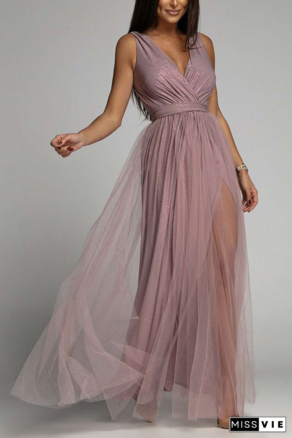 It'S My Day Light Tulle Slit Maxi Dress