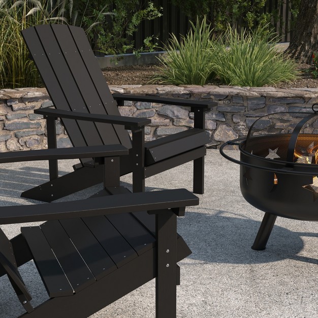 Merrick Lane Ayala 3 Piece Outdoor Leisure Set With Set Of 2 Poly Resin Adirondack Chairs And Star And Moon Iron Fire Pit