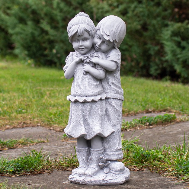 Gray Boy Hugging Girl Outdoor Garden Statue