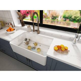 Modland Yunus White Fireclay 30 in. Single Bowl Farmhouse Apron Workstation Kitchen Sink with Bottom Grid HDYC43F42W