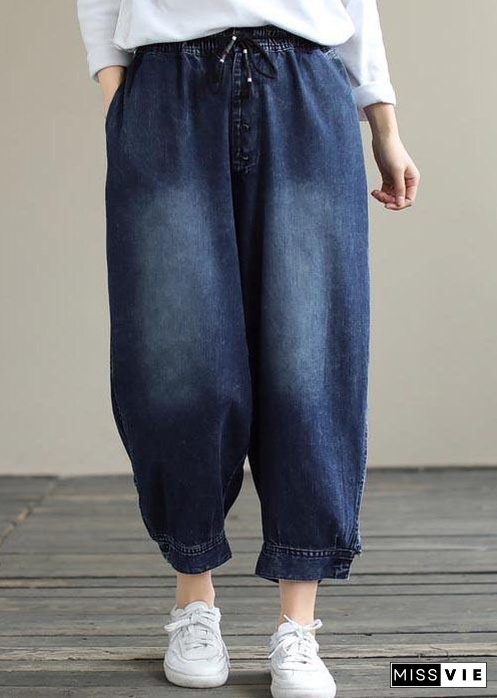 French Denim Blue Pants Plus Size Spring Elastic Waist Pockets Inspiration Women Pants