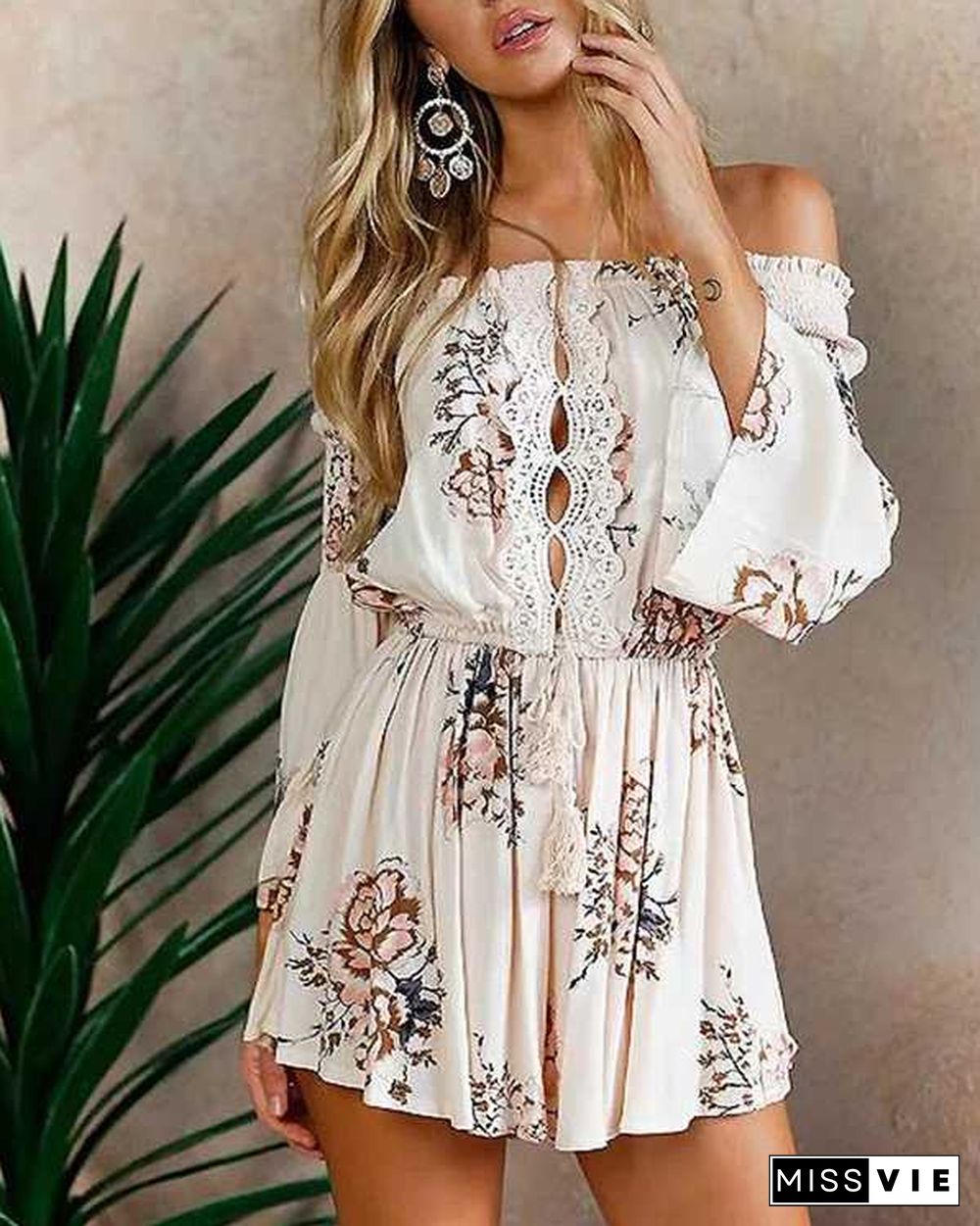 Dressy Frill Ruched Layered Ruffle Off Shoulder Tie Back Romper Dress