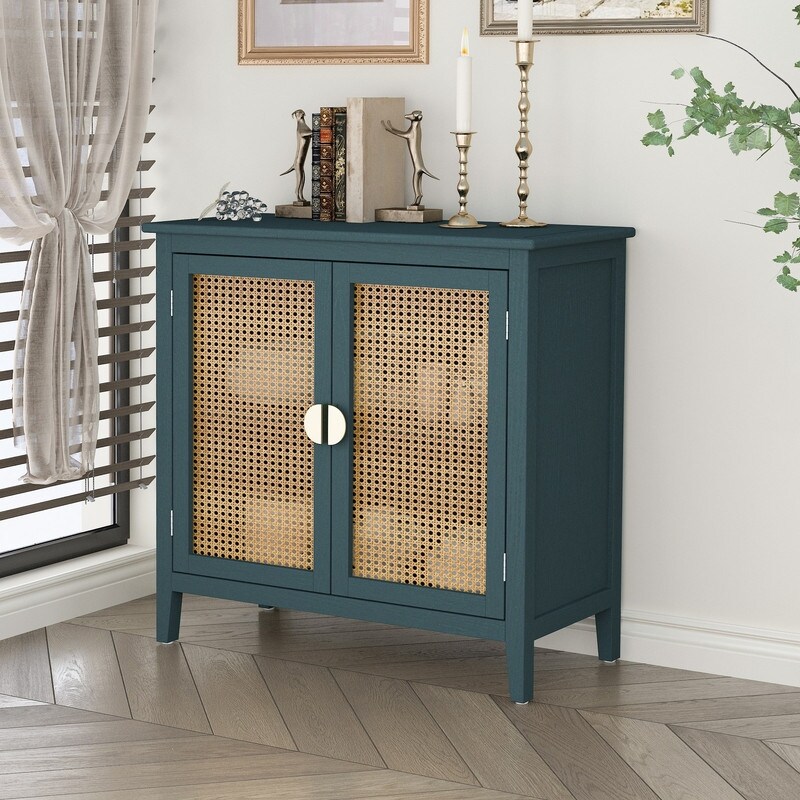 2 Door Natural Rattan Cabinet Buffet Sideboard with Metal Semi Circular Suitable for Bedroom  Living Room  Study