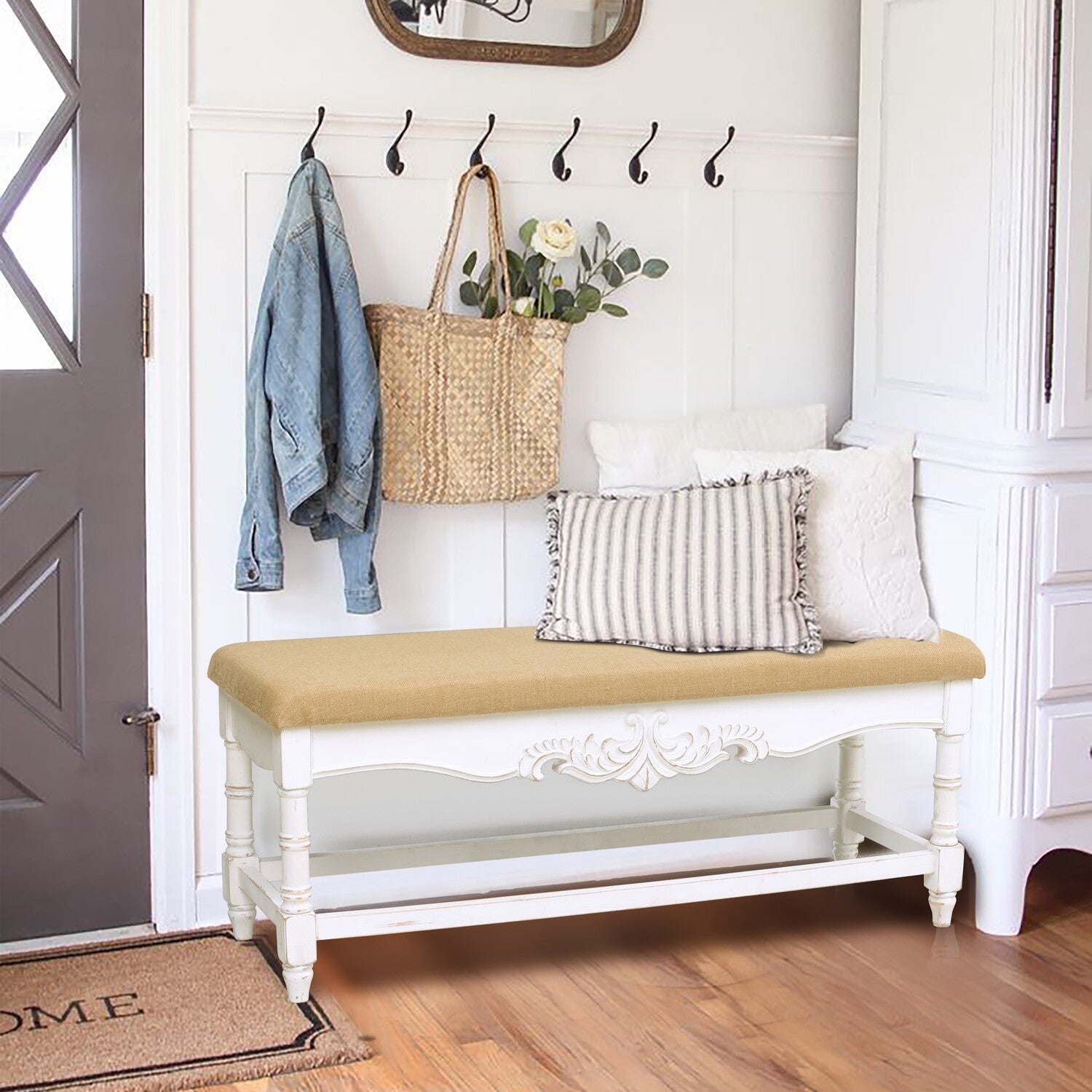 LuxenHome Upholstered Entry and Bedroom White Wood Bench