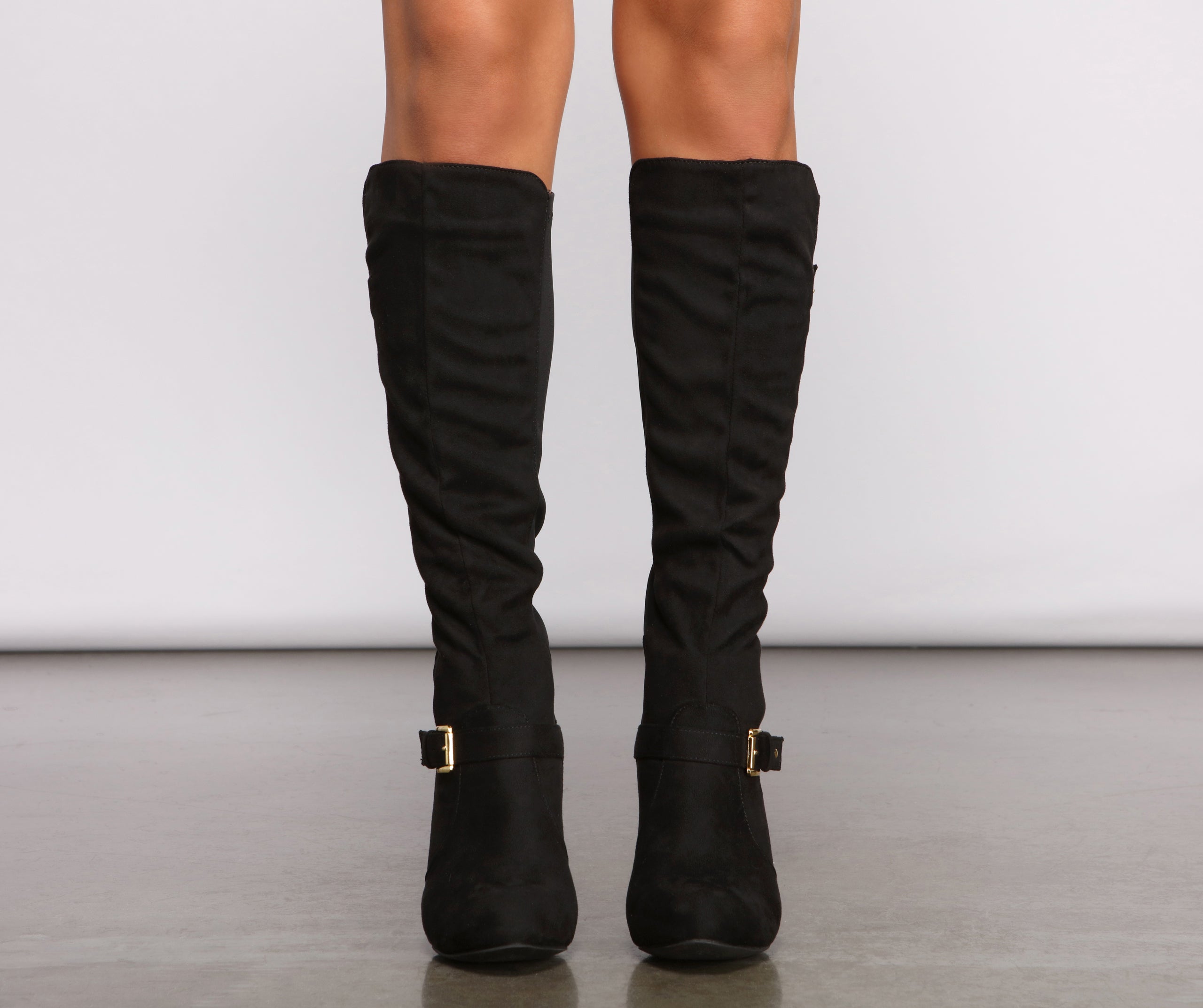 Buckle Detail Pointed Toe Block Heel Boots