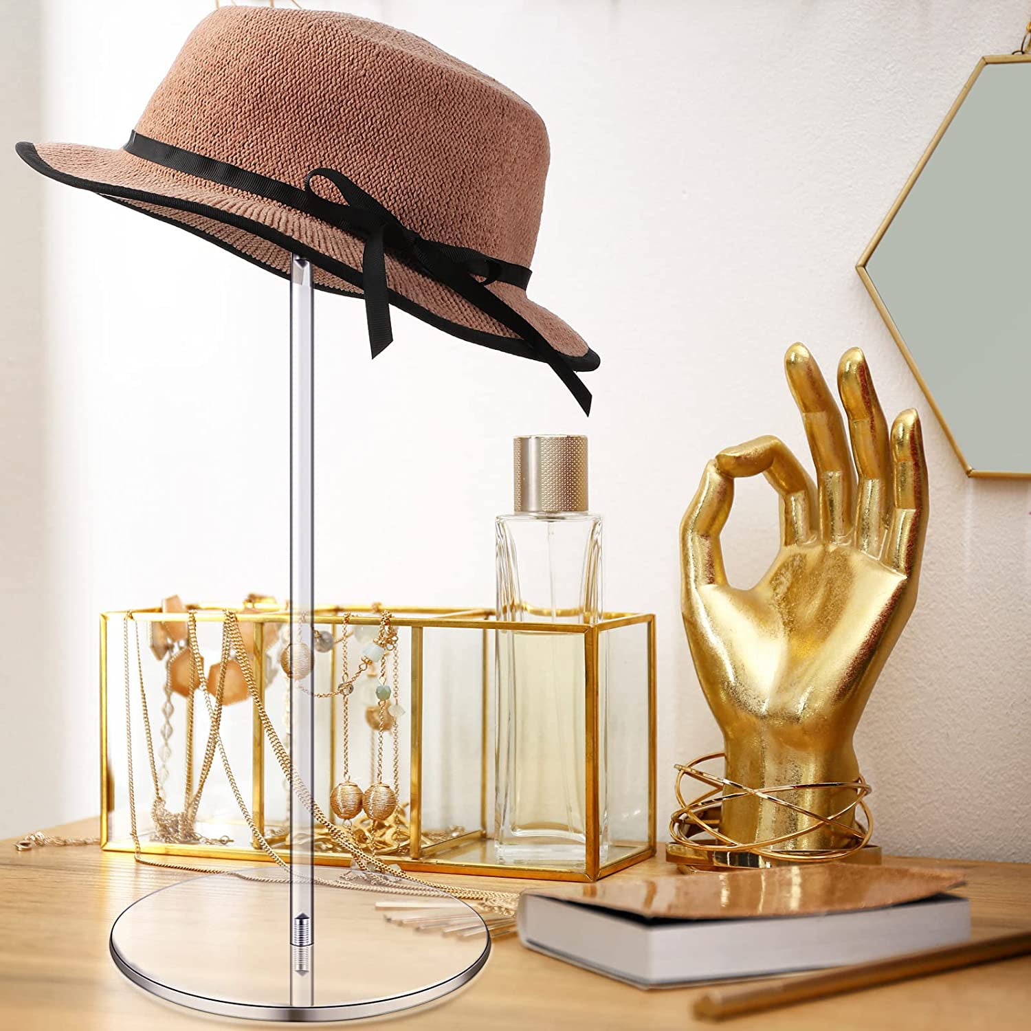 Lxcreat Clear Acrylic Hat Organizers Stand and Wig Display Rack Hat Stands for Display Hat Pedestal Stand Round Barbell Pedestal Display Riser Wig Display Holder for Hat Watch