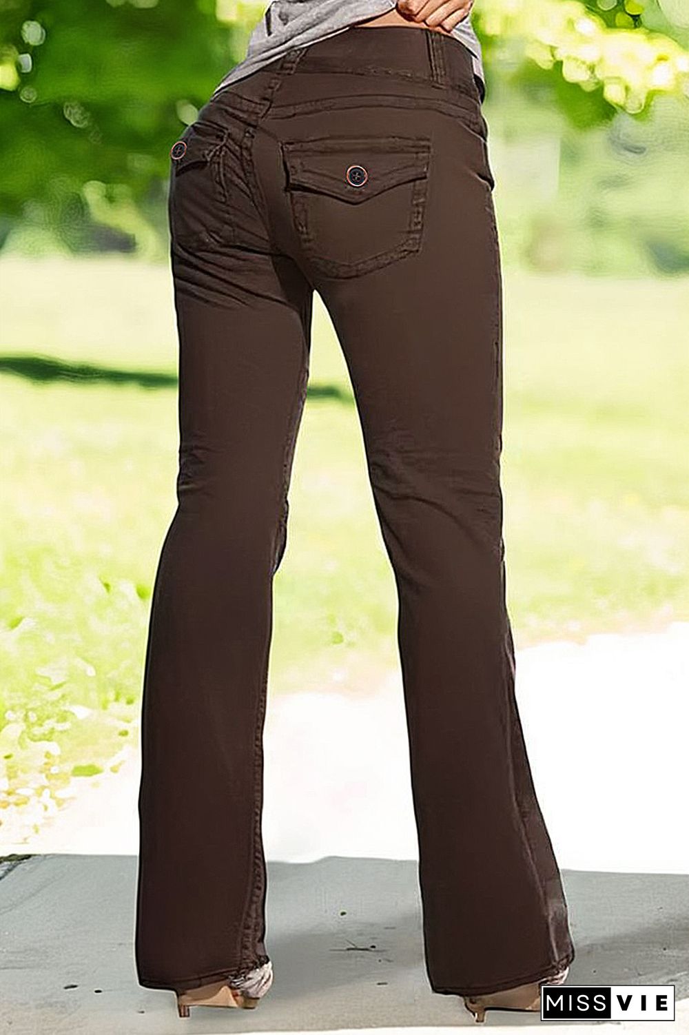 Solid Flap Pocket Button Detail Mid Rise Flare Pants