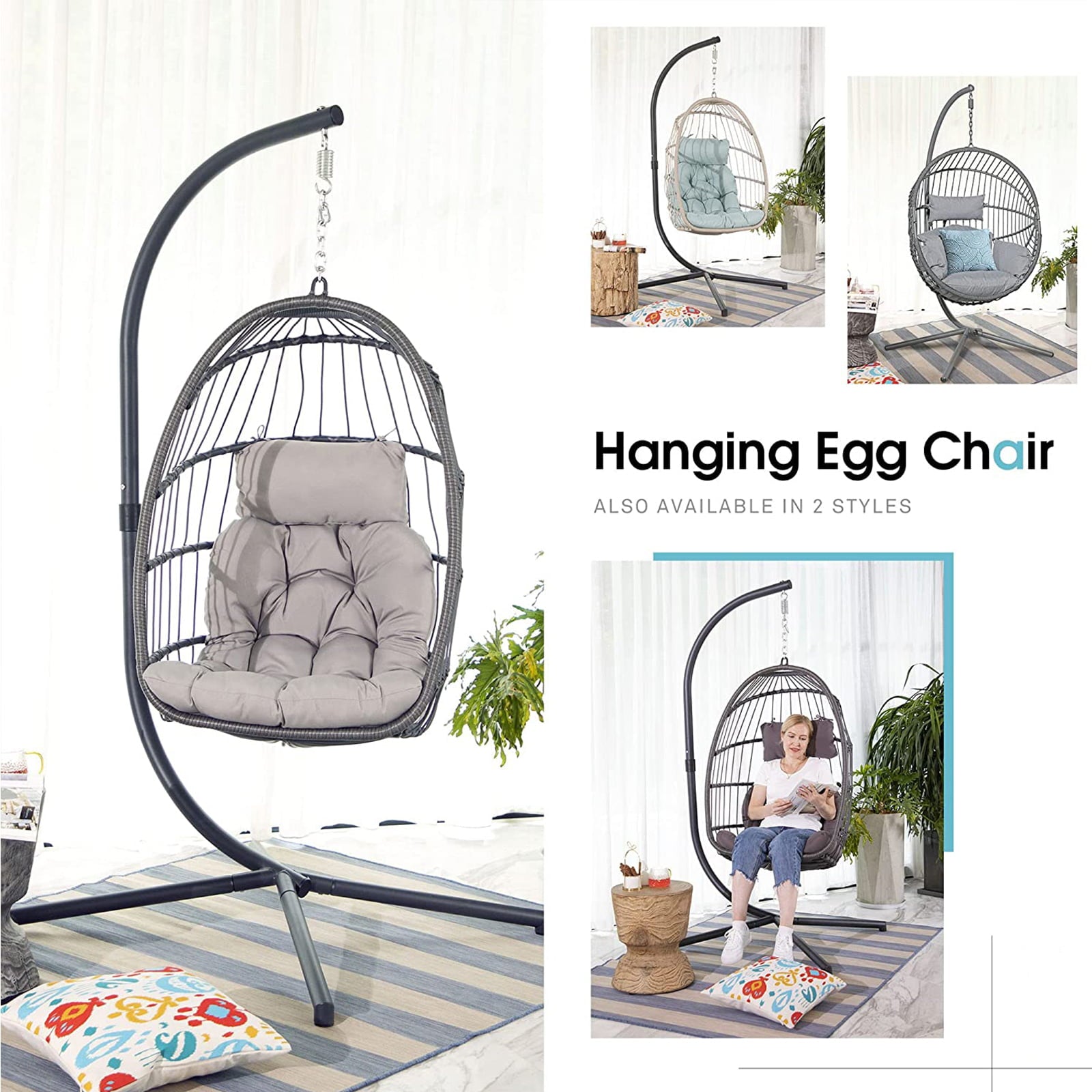 Indoor Outdoor Swing Egg Chair with Stand, Patio Foldable Grey Wicker Rattan Hanging Chair with Cushion, Light Gray