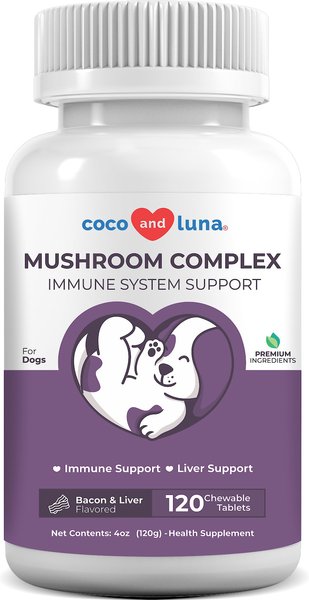 Coco and Luna Mushroom Complex Immune System Support Bacon and Liver Flavor Chewable Tablets Dog Supplement， 120 count