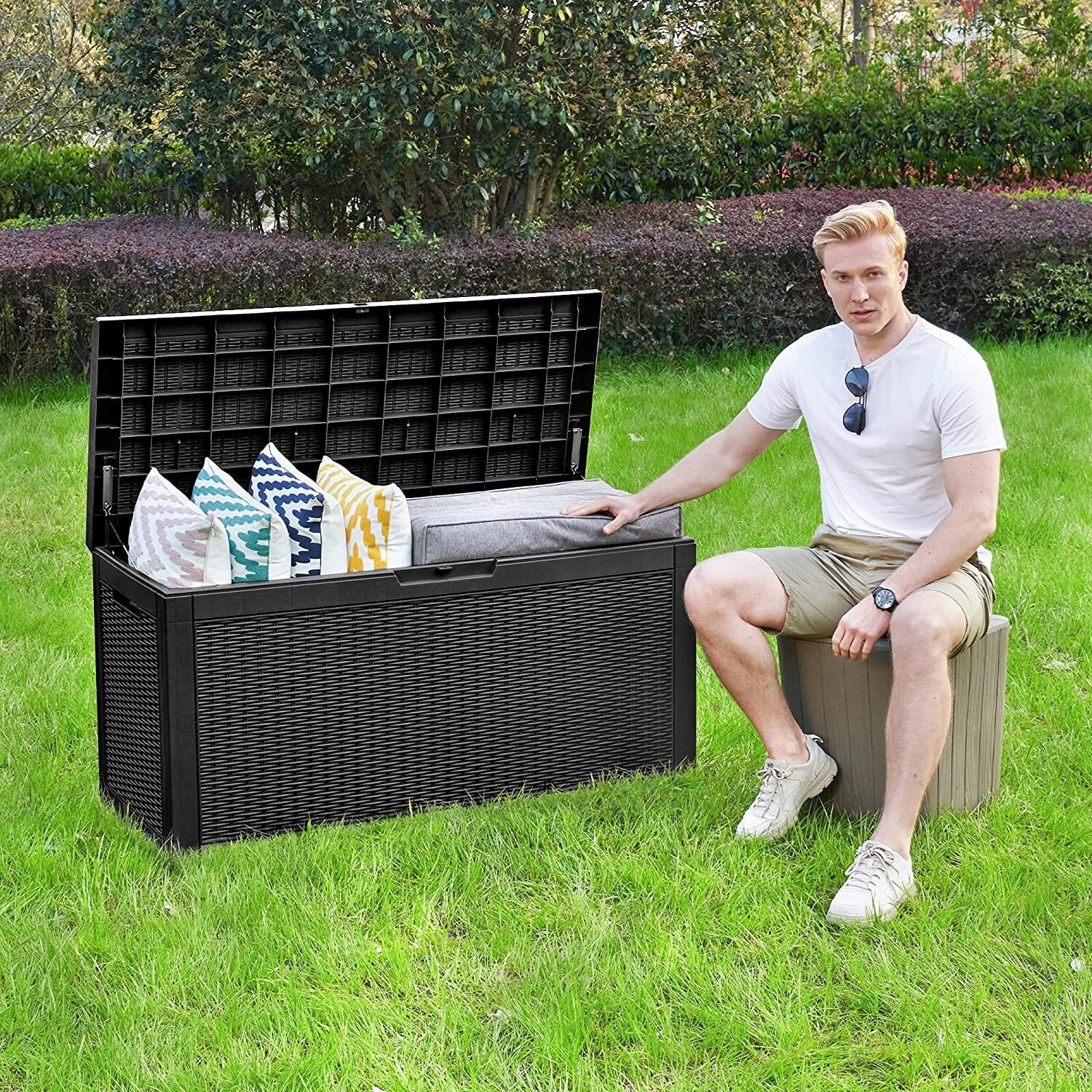 DWVO Deck Box: 100 Gallon Patio Large Storage Cabinet Large Resin Patio Storage for Outdoor Pillows, Garden Tools and Pool Supplies, Waterproof, Lockable | Black