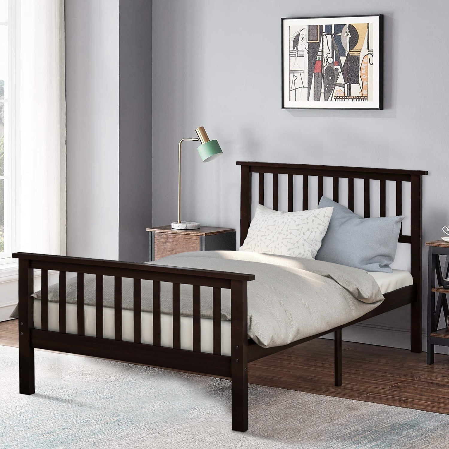 uhomepro Twin Bed Frame No Box Spring Needed, Wood Platform Bed Frame with Headboard and Footboard, Strong Wooden Slats, Twin Bed Frames for Kids, Adults, Modern Bedroom Furniture, Espresso