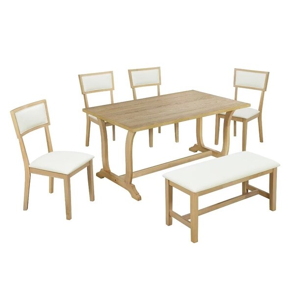 6Piece Trestle Dining Table Set w/ Upholstered Dining Chairs and Bench