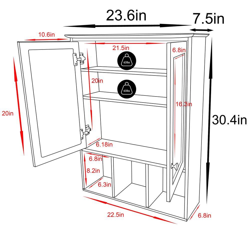 VEIKOUS 23.6 in. W Oversized Bathroom Medicine Cabinet Wall Mounted Storage with Mirrors and Adjustable Shelves White HP0902-01WH