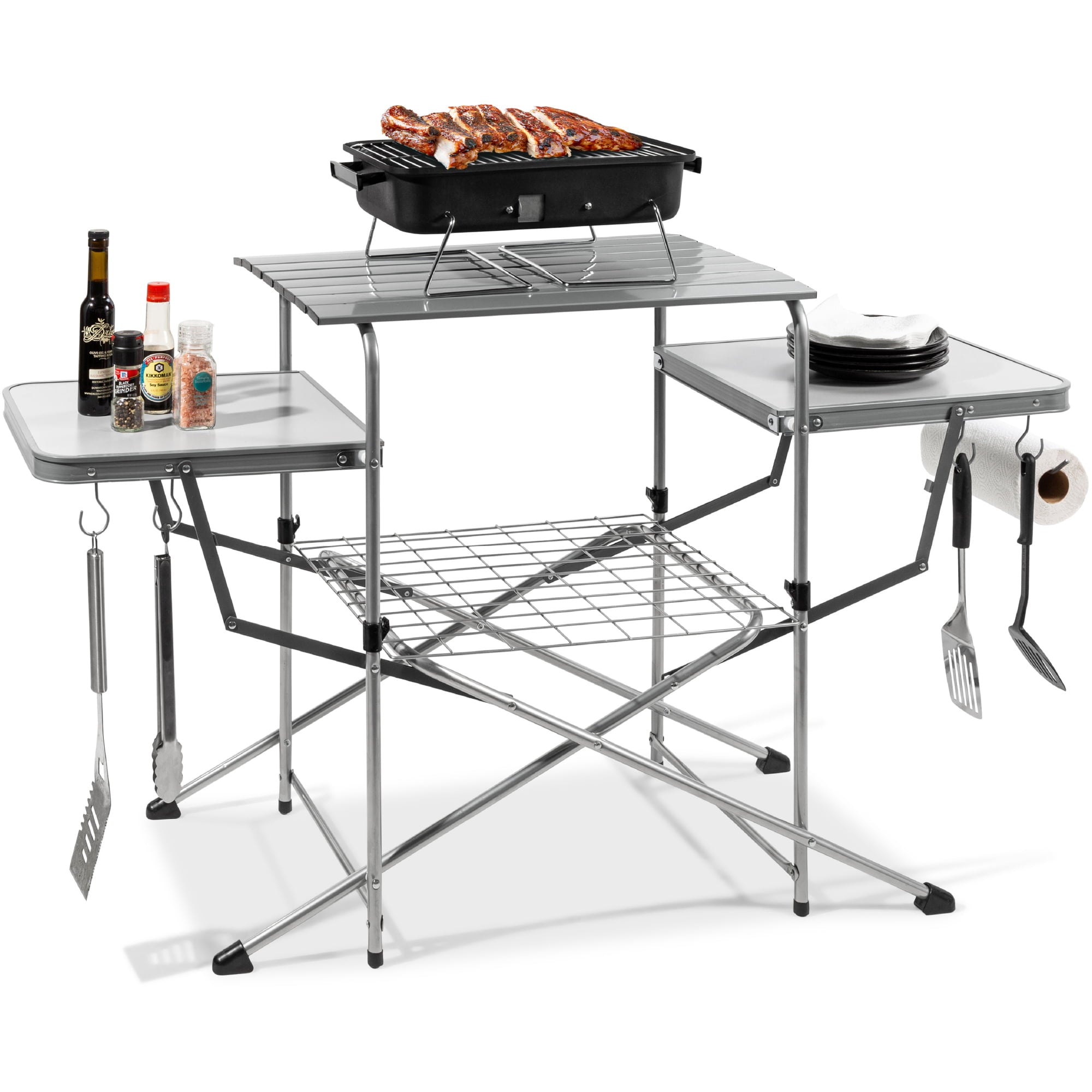 Best Choice Products Portable Folding Grill Table, Outdoor Food Prep Station for Camping w/ Carrying Case, 4 Hooks