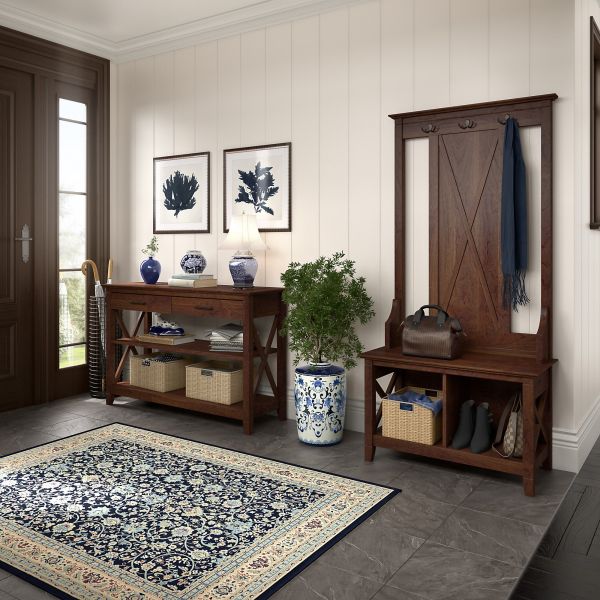 Bush Furniture Key West Entryway Storage Set with Hall Tree， Shoe Bench and Console Table in Bing Cherry