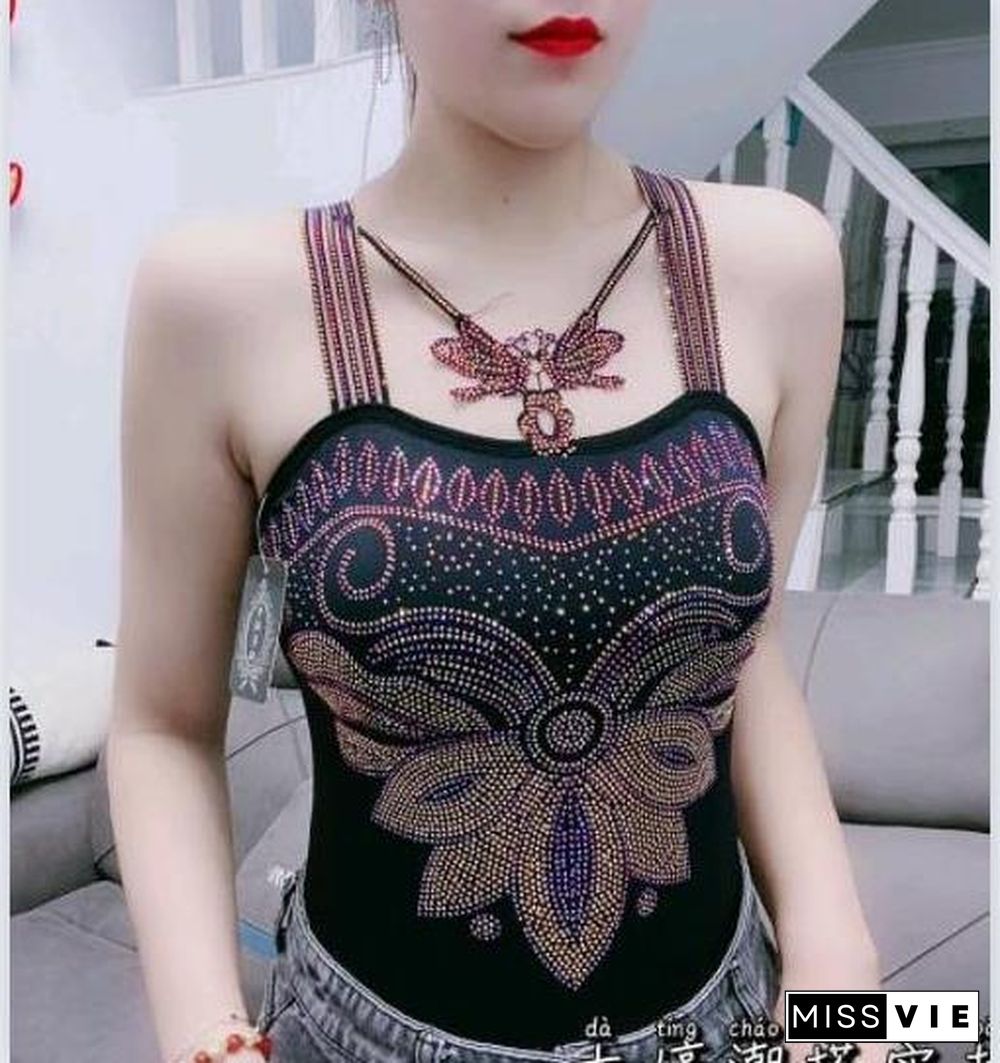 Fashion Women's Padded Gemstones Camisole Femme Lady Shiny Bling Bling Camis Women Rhainstones Butterfly Padded Tanks Tops