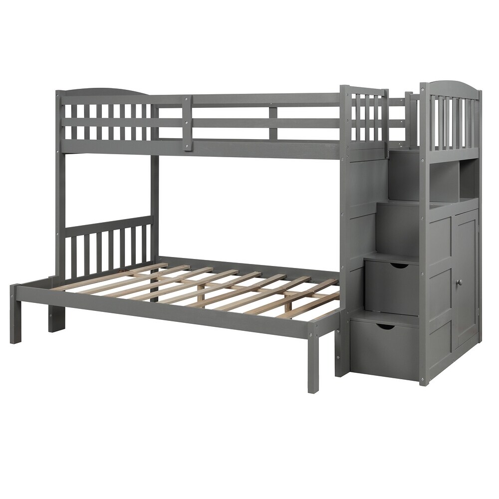 Contemporary Style Twin over Full/Twin Bunk Bed  Convertible Bottom Bed  Storage Shelves and Drawers